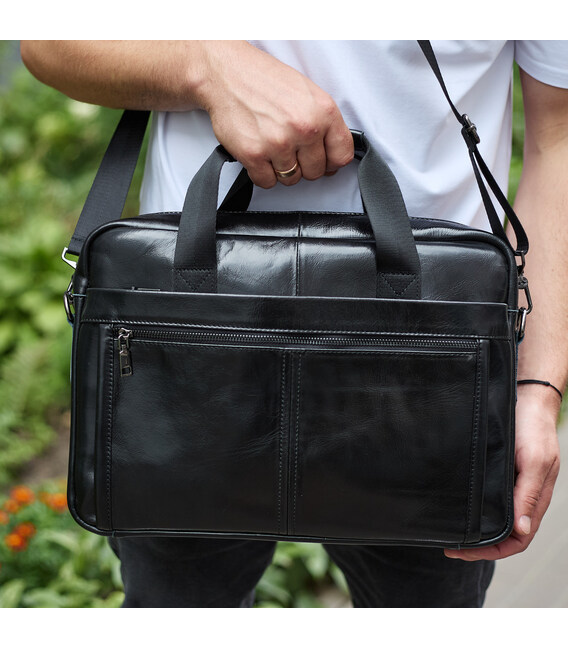Шкіряна чоловіча сумка-портфель 38х28х8, сумочка для роботи та щоденних справ, чоловічий шопер, чорна картинка, зображення, фото