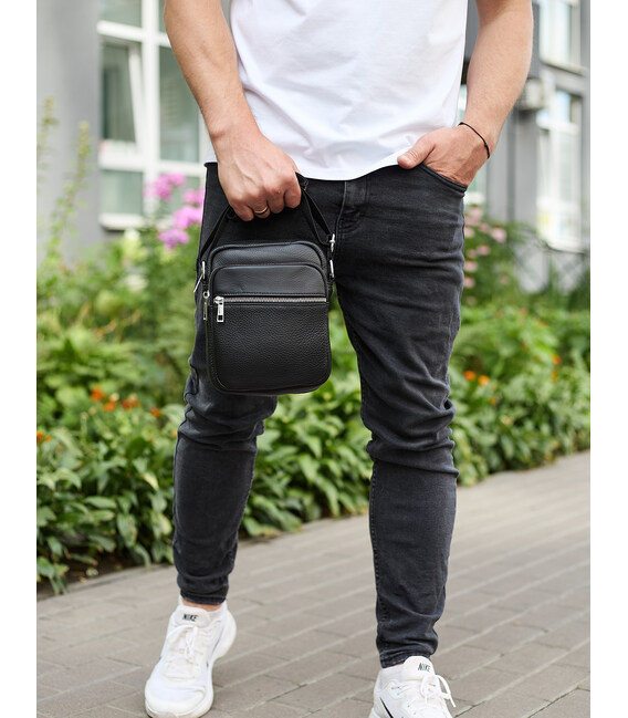 Чоловіча шкіряна барсетка 21х17х7, сумка для міста, компактний месенджер для щоденного використання, чорна картинка, зображення,