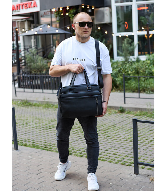 Офісна чоловіча сумка через плече 39х29х10, шкіряний портфель-месенджер для бізнесу, чорний картинка, зображення, фото
