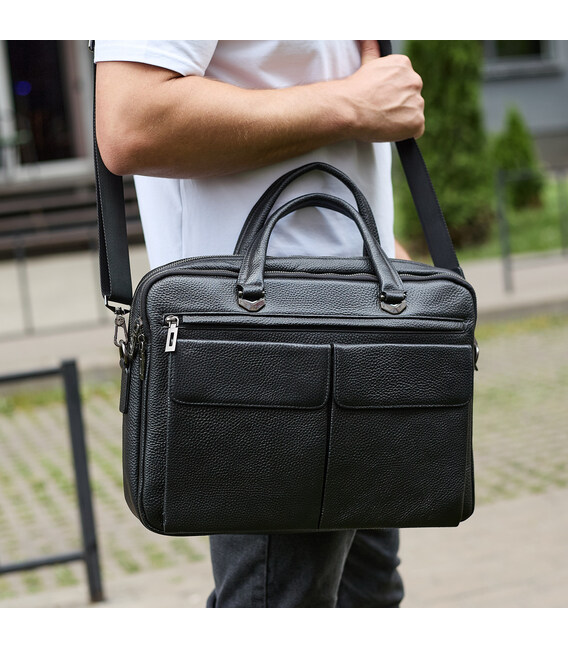 Сумка чоловіча офісна через плече 39х29х10, практичний шкіряний портфель для бізнесу, сумочка для навання, чорний картинка, зобр