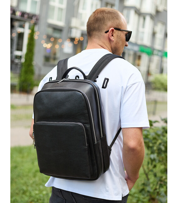 Классический мужской рюкзак из кожи 42х30х16, практичный аксессуар для ноутбука и документов, черный фото, картинка, изображение