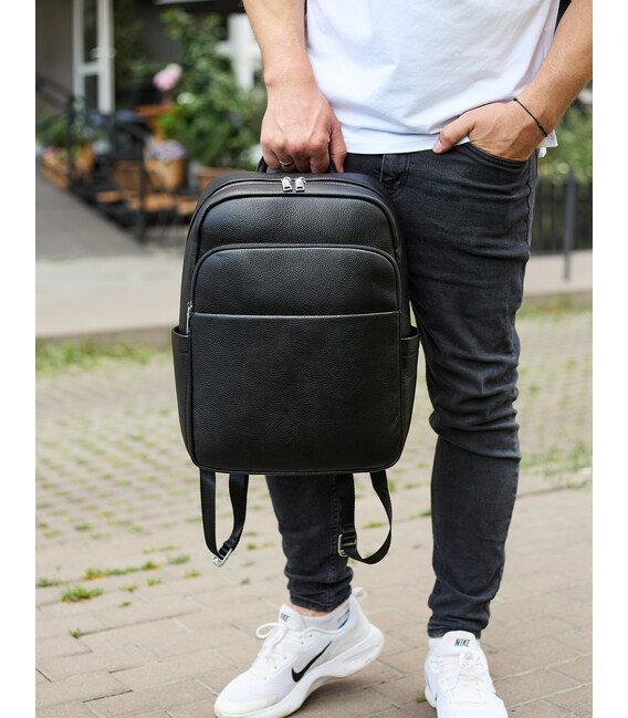 Універсальний чоловічий рюкзак із шкіри 41х31х16, зручний наплічник для ноутбука та документів, чорний картинка, зображення, фот