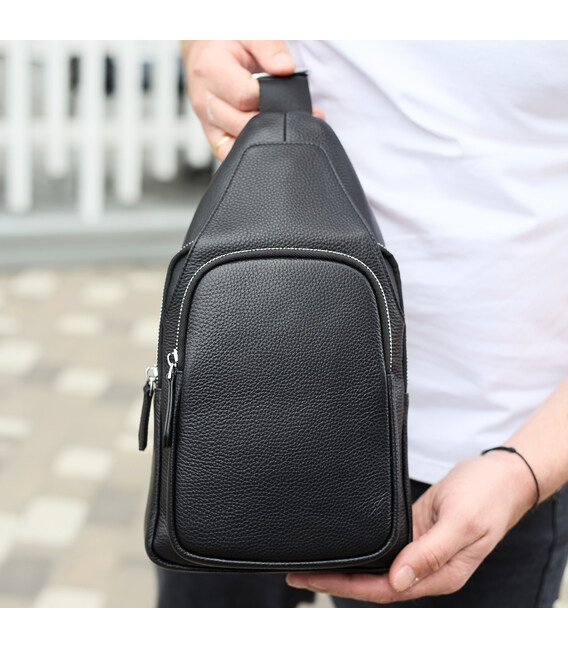 Чоловіча сумка з натуральної шкіри 18х31х7, бананка через плече Tiding Bag 34091 чорна картинка, зображення, фото
