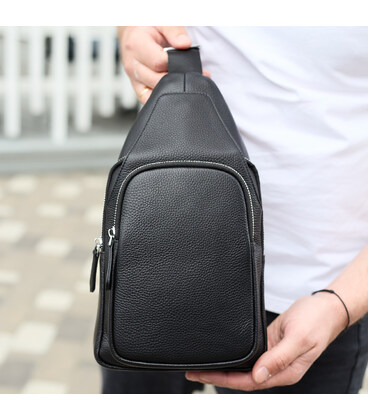 Мужская сумка-слинг из натуральной кожи 18х31х7, бананка через плечо Tiding Bag 34091 черная фото, картинка, изображение