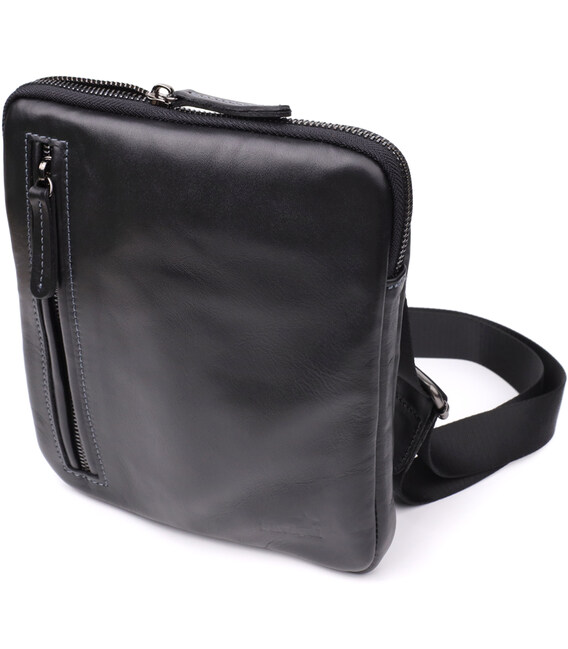 Стильная и практичная мужская сумка на плечо из натуральной гладкой кожи Shvigel 23153 Черный фото, картинка, изображение