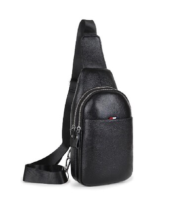 Кожаный черный слинг на два отдела Tiding Bag FL-A25F-8803A фото, картинка, изображение