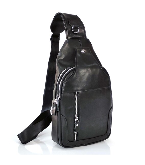 Мужской слинг Tiding Bag FL-N2-4004A из гладкой кожи черного цвета. фото