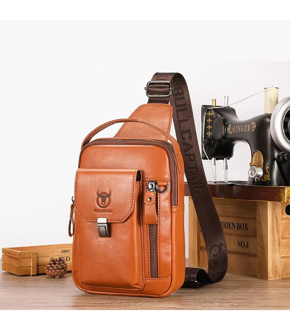 Шкіряний чоловічий рюкзак слінг із ручкою Bull TB555B рудий фото, картинка, изображение