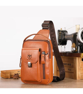 Шкіряний чоловічий рюкзак слінг із ручкою Bull TB555B рудий фото, картинка, изображение