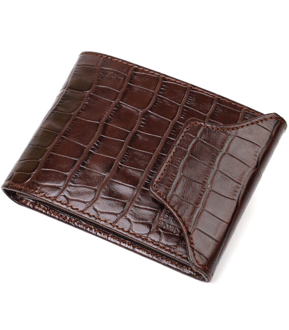 Фактурний чоловічий гаманець з натуральної шкіри з тисненням під крокодила з цікавою застібкою BOND 21990 Коричневий картинка, з