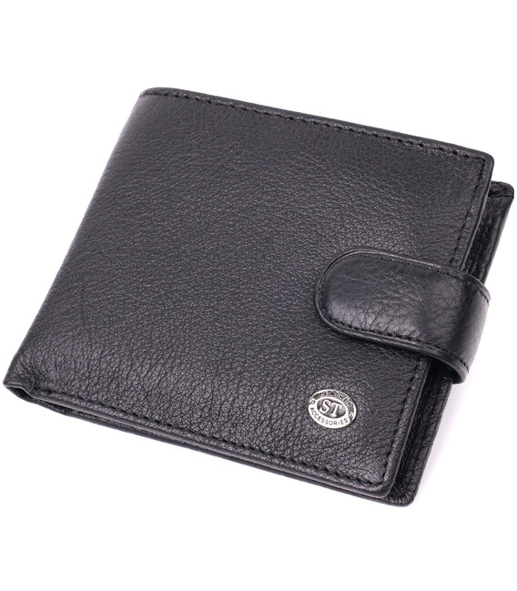 Мужской горизонтальный бумажник среднего размера из натуральной кожи ST Leather 22484 Черный фото