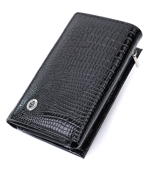 Женский кошелек в три сложения из лакированной фактурной натуральной кожи ST Leather 22707 Черный фото