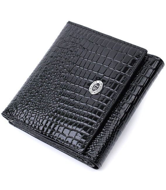 Компактний жіночий гаманець з натуральної лакованої шкіри ST Leather 22688 Чорний