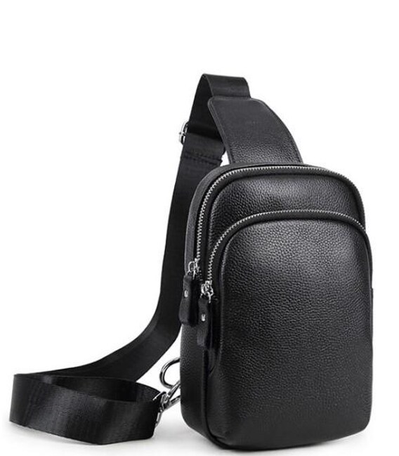 Мужской черный кожаный слинг на плечо Tiding Bag A25F-1922A фото