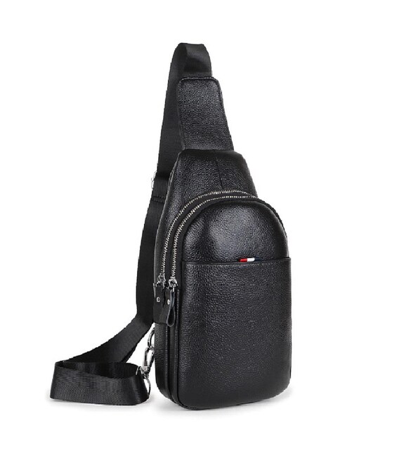 Шкіряний чорний слінг на два відділи Tiding Bag FL-A25F-8803A - фото