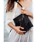 Шкіряна жіноча сумка з бахромою міні-кроссбоді Fleco чорна картинка, зображення, фото