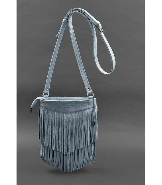 Шкіряна жіноча сумка з бахромою міні-кроссбоді Fleco блакитна картинка, зображення, фото