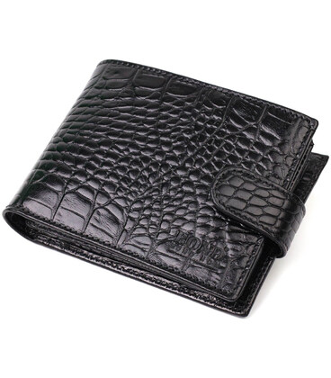 Вместительный небольшой бумажник для мужчин из натуральной кожи с тиснением под крокодила BOND 21997 Черный картинка, изображени