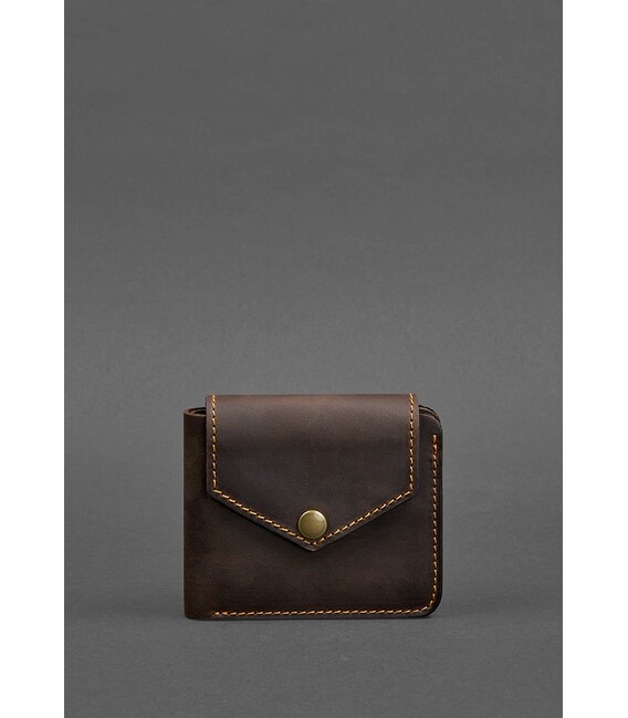 Кожаное портмоне 4.2 на кнопке темно-коричневый Crazy Horse с оранжевой нитью фото, картинка, изображение