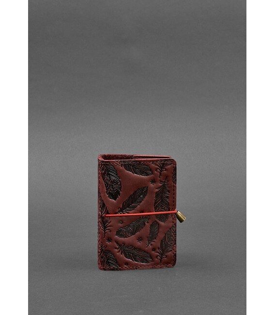 Жіночий шкіряний кард-кейс 7.0 бордовий з пір'ям картинка, зображення, фото