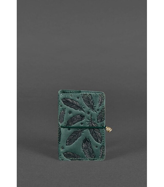 Шкіряний кард-кейс 7.0 зелений з пір'ям картинка, зображення, фото