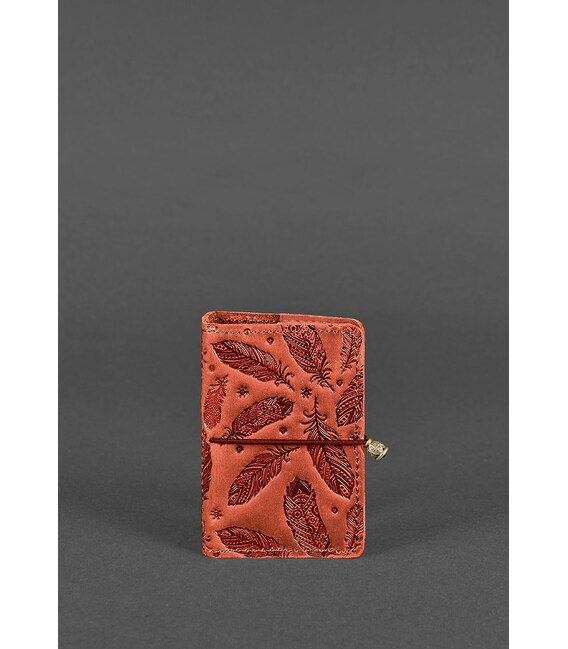 Жіночий шкіряний кард-кейс 7.0 кораловий з пір'ям картинка, зображення, фото