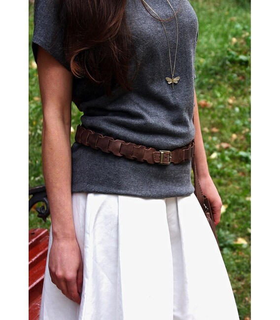 Женский кожаный бохо-ремень темно-коричневый Crazy Horse фото, картинка, изображение