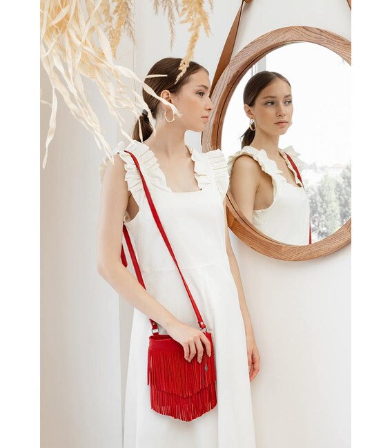 Кожаная женская сумка с бахромой мини-кроссбоди Fleco красная фото, картинка, изображение