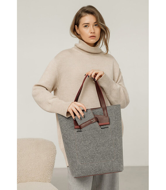 Фетровая женская сумка Шоппер D.D. с кожаными бордовыми вставками фото, картинка, изображение