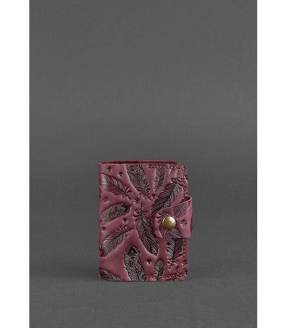 Женский кожаный кард-кейс 7.1 (Книжечка) бордовый с перьями Crazy Horse фото, картинка, изображение