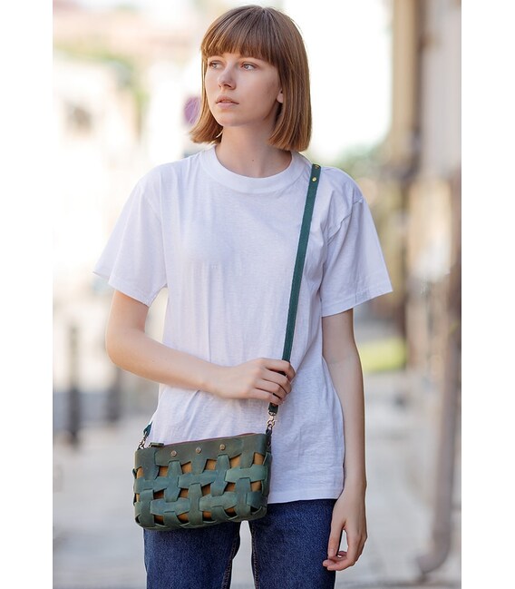 Шкіряна плетена жіноча сумка Пазл S зелена Crazy Horse картинка, зображення, фото