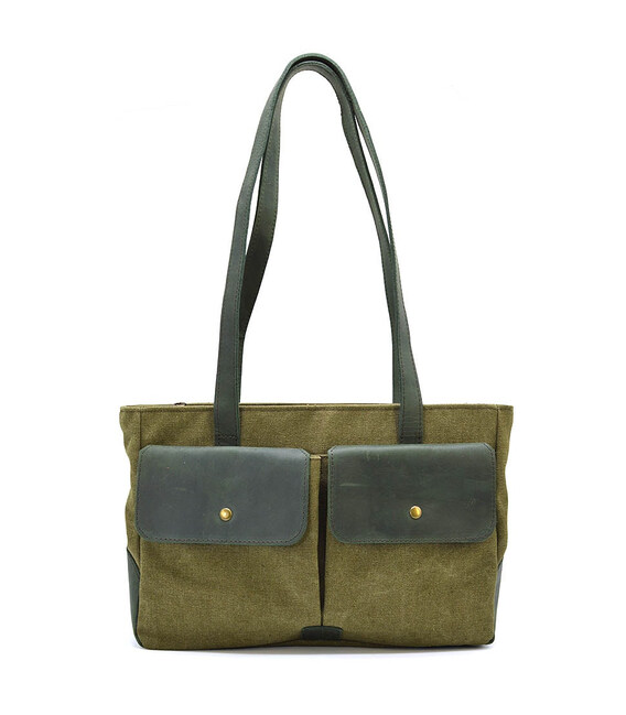 Жіноча сумка тоут з канвас та шкіри TARWA REH-3930-3md з передніми кишенями фото, картинка, изображение