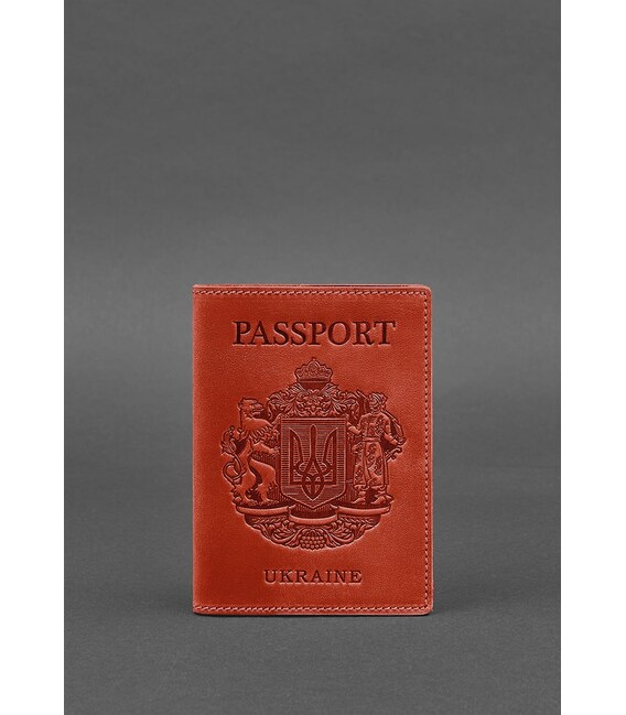 Кожаная обложка для паспорта коралловая с украинским гербом фото, картинка, изображение