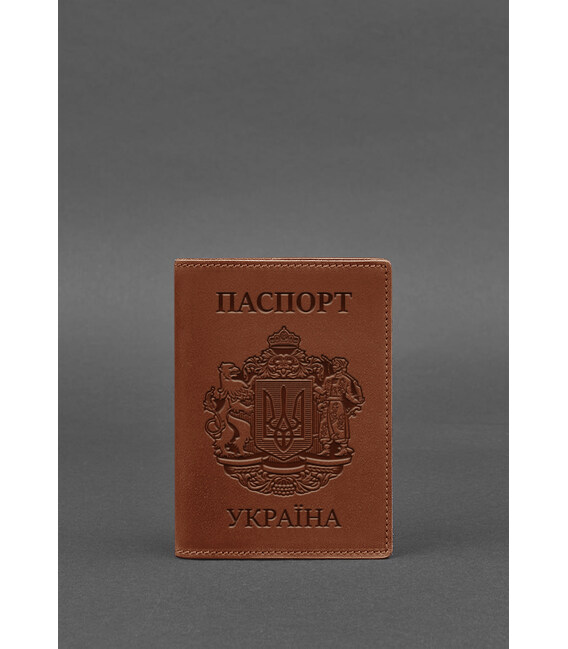 Кожаная обложка для паспорта с украинским гербом светло-коричневая фото, картинка, изображение