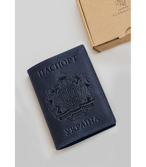Кожаная обложка для паспорта с украинским гербом синяя фото, картинка, изображение