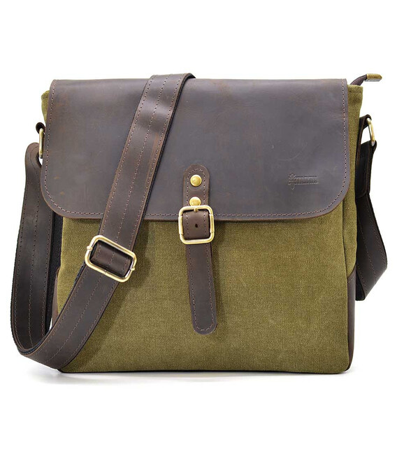 Сумка через плече з парусини хаккі та кінської шкіри RCh-6600-4lx TARWA фото, картинка, изображение