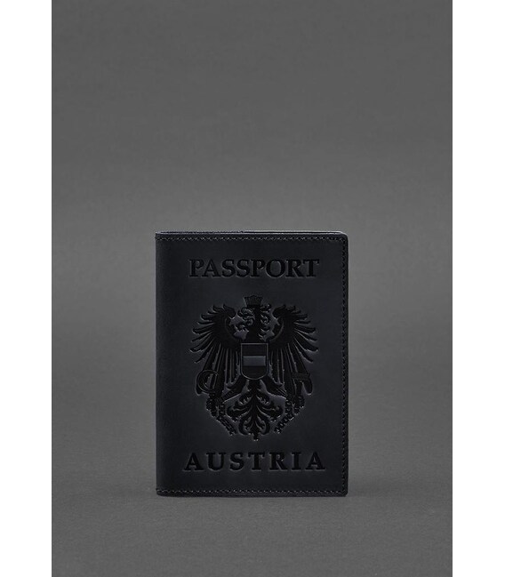 Шкіряна обкладинка для паспорта з австрійським гербом темно-синя Crazy Horse картинка, зображення, фото