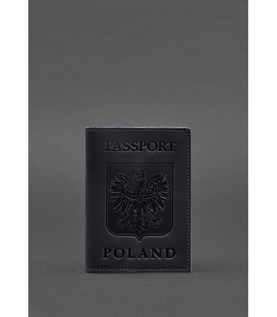 Кожаная обложка для паспорта с польским гербом темно-синяя Crazy Horse фото, картинка, изображение