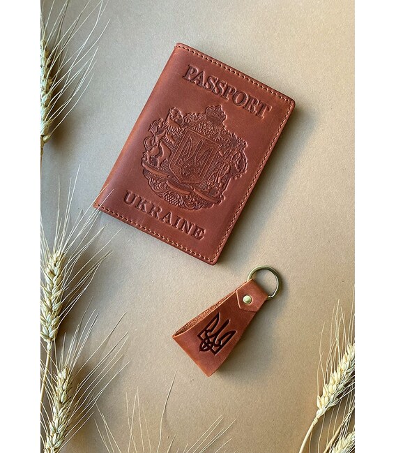 Подарунковий набір шкіряних аксесуарів з українською символікою світло-коричневий картинка, зображення, фото