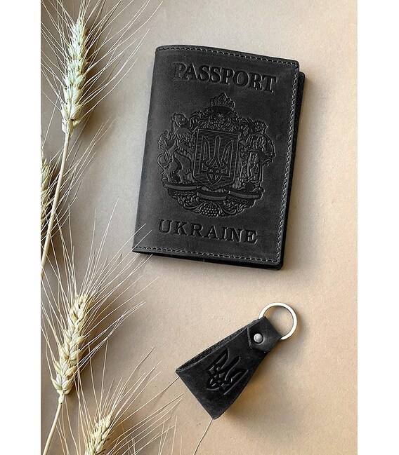 Подарочный набор кожаных аксессуаров с украинской символикой черный фото, картинка, изображение