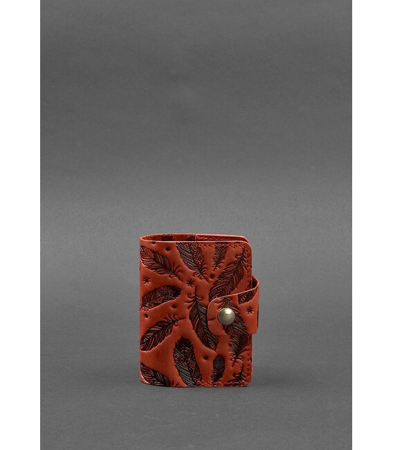 Кожаный кард-кейс 7.1 (Книжечка) коралловый с перьями Crazy Horse фото, картинка, изображение