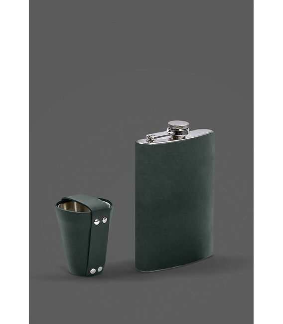Набор с флягой и рюмками в кожаном чехле зеленый Crazy Horse фото, картинка, изображение
