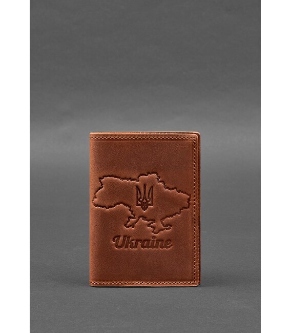 Кожаная обложка для паспорта с картой Украины светло-коричневый Crazy Horse фото, картинка, изображение