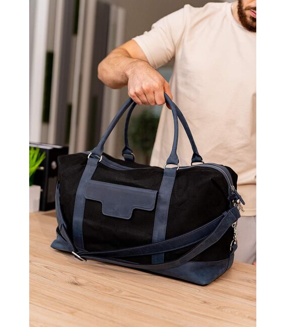 Дорожня сумка з канвасу та натуральної темно-синьої шкіри Crazy Horse картинка, зображення, фото