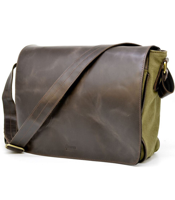 Чоловіча сумка через плече зі шкіри та холщевой тканини канвас TARWA TH-1047-3md фото, картинка, изображение