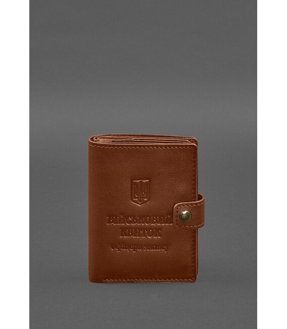 Шкіряна обкладинка-портмоне для військового квитка офіцера запасу (вузький документ) Світло-коричнева картинка, зображення, фото