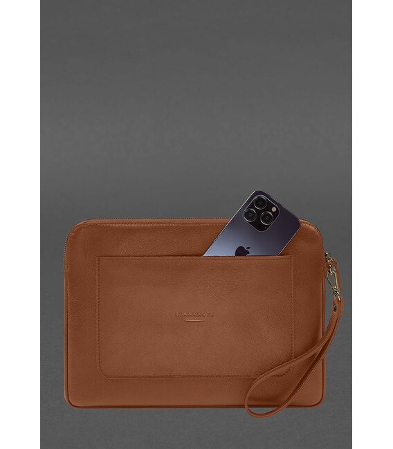 Кожаный чехол для ноутбука на молнии с карманом и петлей на руку Светло-коричневый фото, картинка, изображение