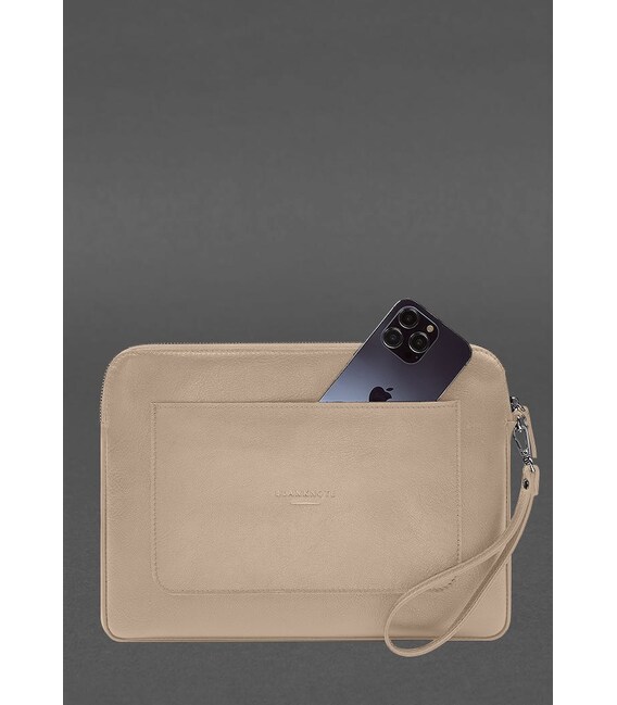 Кожаный чехол для ноутбука на молнии с карманом и петлей на руку Светло-бежевый фото, картинка, изображение