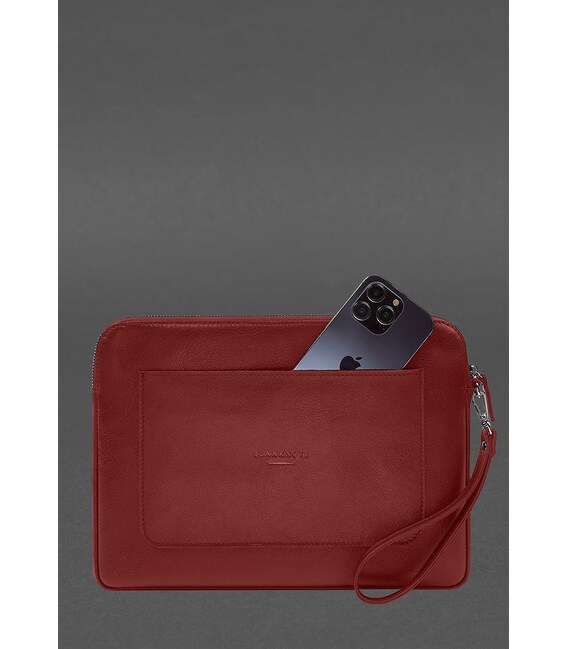 Кожаный чехол для ноутбука на молнии с карманом и петлей на руку Красный фото, картинка, изображение