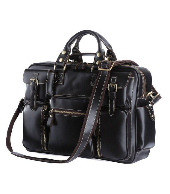 Брутальна шкіряна сумка, безліч кишень, чорний глянець 7028A картинка, зображення, фото